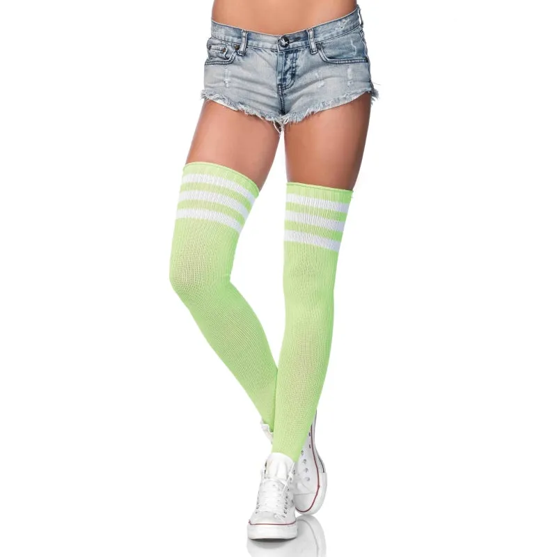 3 Stripes Athletic Ribbed Thigh Highs - One Size - Neon Green