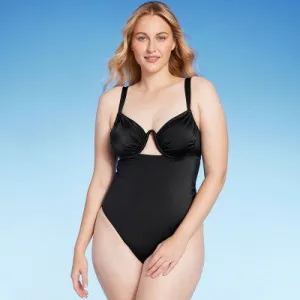 New - Women's Shirred Cup Underwire High Leg One Piece Swimsuit - Shade & Shore Black