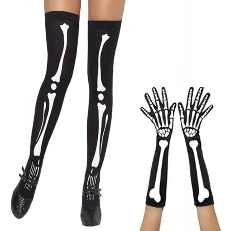 Womens Halloween Cosplay Skull Skeleton Bone Gloves Thigh High Stockings Socks